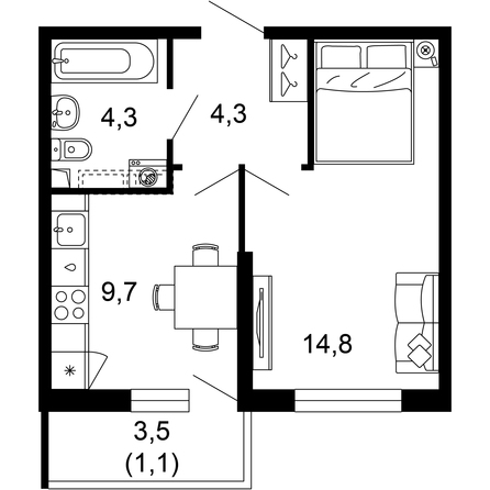 Планировка 1-комн 34,2 м²