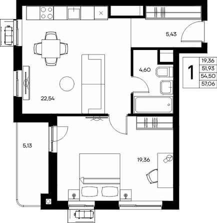 Планировка 1-комн 57,06 - 57,36 м²