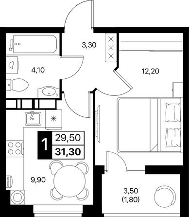 Планировка 1-комн 31,3 - 31,6 м²
