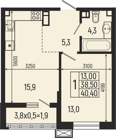 Планировка 1-комн 40,4 м²