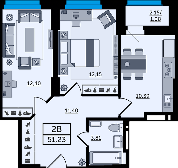 Планировка 2-комн 51,23 м²