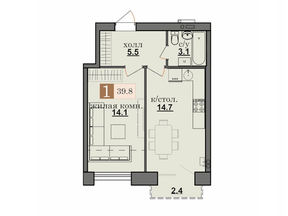 Планировка 1-комн 39,8, 39,9 м²