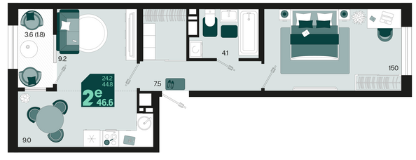 Планировка 2-комн 46,6 м²