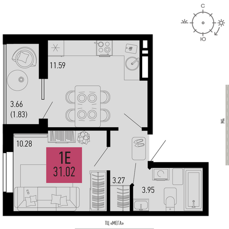 Планировка 1-комн 31,02, 31,13 м²