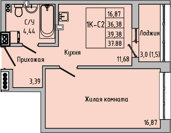 Планировка 1-комн 39,38 м²