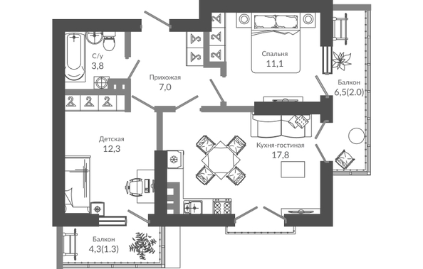 Планировка 2-комн 55,3 м²