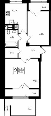 Планировка 2-комн 74,29, 74,3 м²