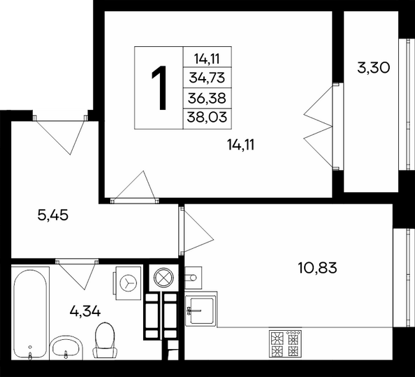 Планировка 1-комн 37,6, 38,03 м²
