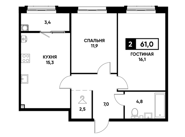 Планировка 2-комн 61 м²