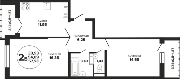 Планировка 2-комн 57,53 м²