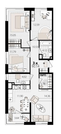 Планировка 3-комн 89,62 м²