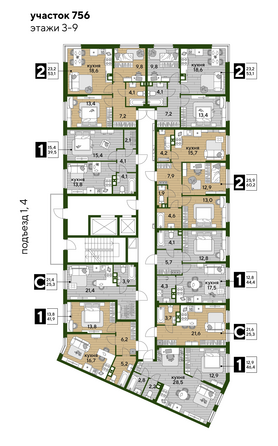 План 3-9 этажа 1,4 подъезд