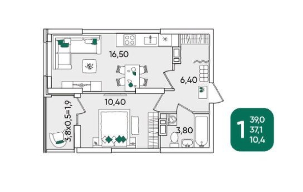 
   Продам 1-комнатную, 39.5 м², Любимово мкр, 16/1

. Фото 1.