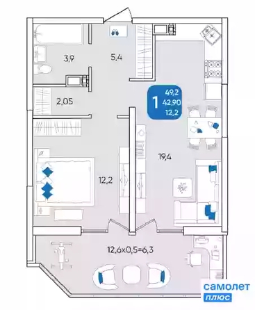 
   Продам 1-комнатную, 49.2 м², Любимово мкр, 16/1

. Фото 2.