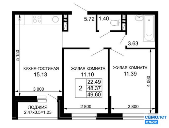 
   Продам 2-комнатную, 49.6 м², Скандинавская ул, 1к6

. Фото 2.