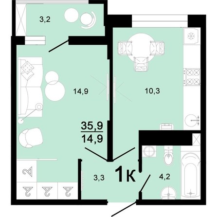
   Продам 1-комнатную, 35.9 м², Горячий, литера 3

. Фото 1.