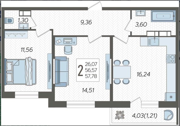 
   Продам 2-комнатную, 57.78 м², Жириновского ул, 1к2

. Фото 2.