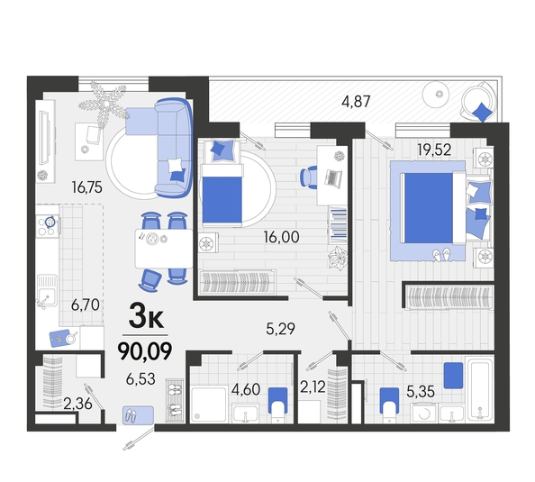 
   Продам 3-комнатную, 91.05 м², Белые росы, литера 7

. Фото 12.