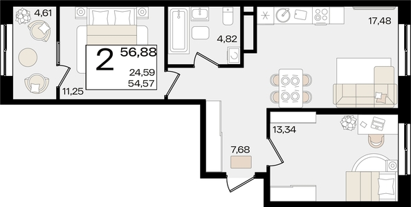 
   Продам 2-комнатную, 56.88 м², Патрики, литер 1.3

. Фото 2.