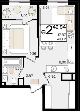 
   Продам 2-комнатную, 42.84 м², Патрики, литер 1.4

. Фото 2.