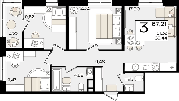 
   Продам 3-комнатную, 67.21 м², Патрики, литер 1.2

. Фото 2.