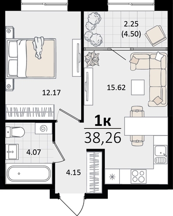 
   Продам 1-комнатную, 38.26 м², Патрики, литер 2

. Фото 4.