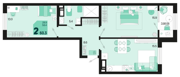 
   Продам 2-комнатную, 60.3 м², Первое место, квартал 1.1, литер 2

. Фото 1.