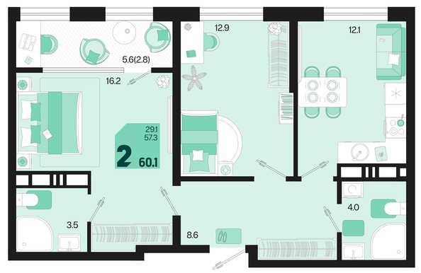 
   Продам 2-комнатную, 60.1 м², Первое место, квартал 1.1, литер 2

. Фото 1.