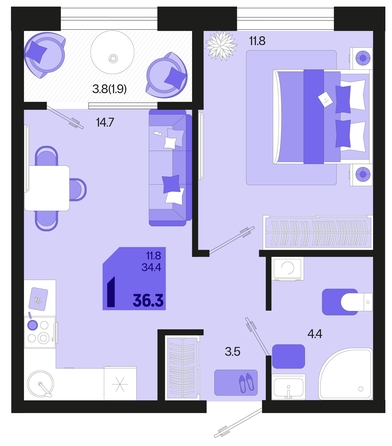 
   Продам 1-комнатную, 36.3 м², Первое место, квартал 1.3, литер 1

. Фото 1.