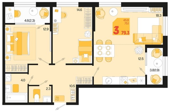
   Продам 3-комнатную, 79.3 м², Первое место, квартал 1.3, литер 2

. Фото 1.