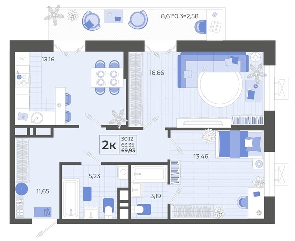 
   Продам 2-комнатную, 65.85 м², Высочество, литера 1

. Фото 4.