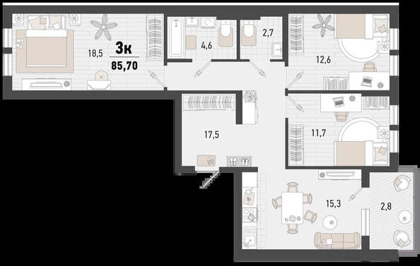 
   Продам 3-комнатную, 85.5 м², Барса, 3В литер

. Фото 2.