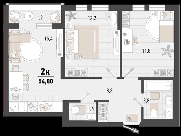 
   Продам 2-комнатную, 54.8 м², Барса, 4В литер

. Фото 1.