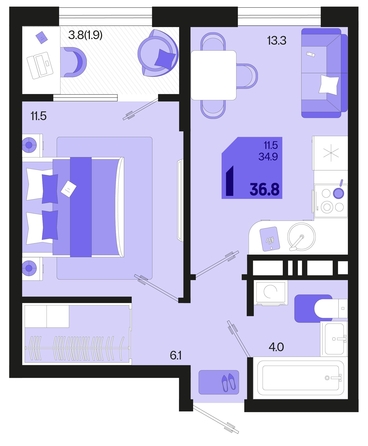 
   Продам 1-комнатную, 36.8 м², Первое место, квартал 1.2, литер 2

. Фото 1.