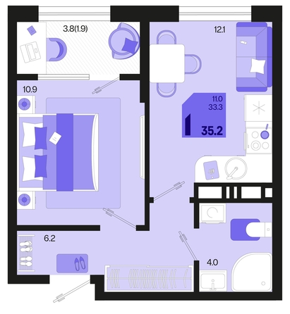 
   Продам 1-комнатную, 35.2 м², Первое место, квартал 1.2, литер 2

. Фото 1.