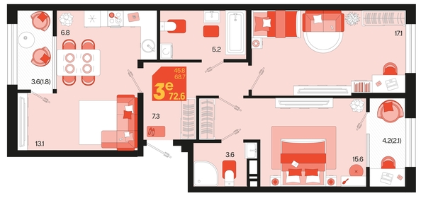 
   Продам 3-комнатную, 71.6 м², Первое место, квартал 1.3, литер 2

. Фото 2.