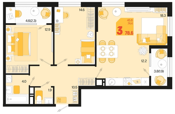 
   Продам 3-комнатную, 78.6 м², Первое место, квартал 1.3, литер 2

. Фото 2.