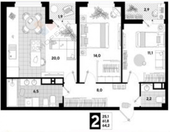 
   Продам 2-комнатную, 64.2 м², Западный Обход ул, 39/2к3

. Фото 24.