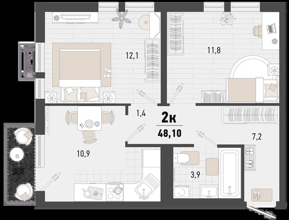 
   Продам 2-комнатную, 48.1 м², Барса, 2В литер

. Фото 2.