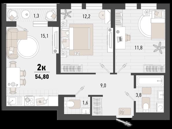 
   Продам 2-комнатную, 54.8 м², Барса, 3В литер

. Фото 2.