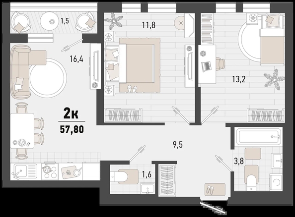 
   Продам 2-комнатную, 57.8 м², Барса, 3В литер

. Фото 2.