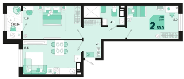 
   Продам 2-комнатную, 59.9 м², Первое место, квартал 1.1, литер 2

. Фото 12.