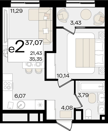 
   Продам 2-комнатную, 37.07 м², Патрики, литер 1.1

. Фото 3.