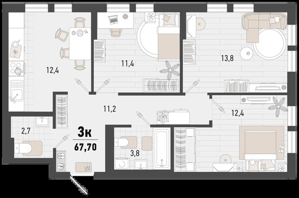 
   Продам 3-комнатную, 67.7 м², Барса, 4В литер

. Фото 1.