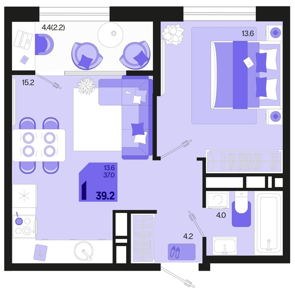 
   Продам 1-комнатную, 39.2 м², Первое место, квартал 1.10 литер 1

. Фото 1.