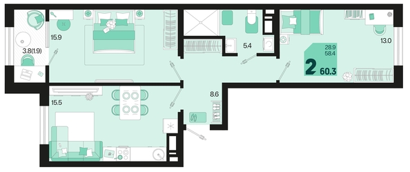 
   Продам 2-комнатную, 60.3 м², Первое место, квартал 1.10 литер 1

. Фото 1.