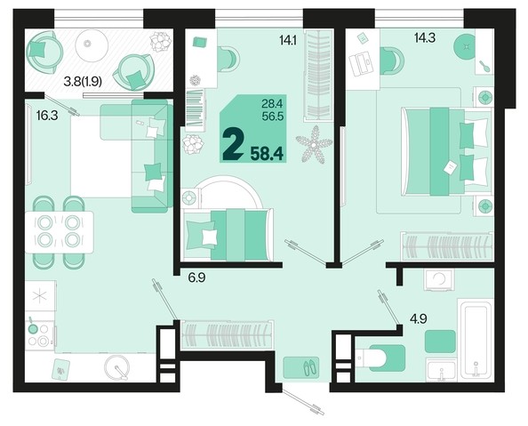 
   Продам 2-комнатную, 58.4 м², Первое место, квартал 1.3, литер 2

. Фото 1.