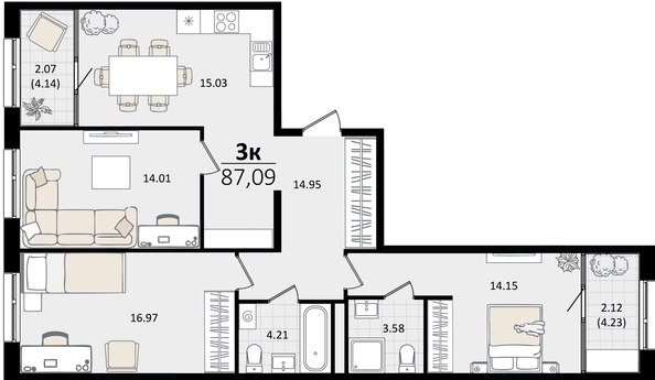 
   Продам 3-комнатную, 87.09 м², Патрики, литер 2

. Фото 8.