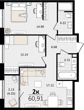 
   Продам 2-комнатную, 60.91 м², Патрики, литер 2

. Фото 8.