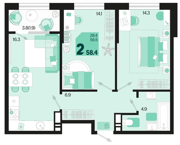 
   Продам 2-комнатную, 58.4 м², Первое место, квартал 1.2, литер 1

. Фото 1.